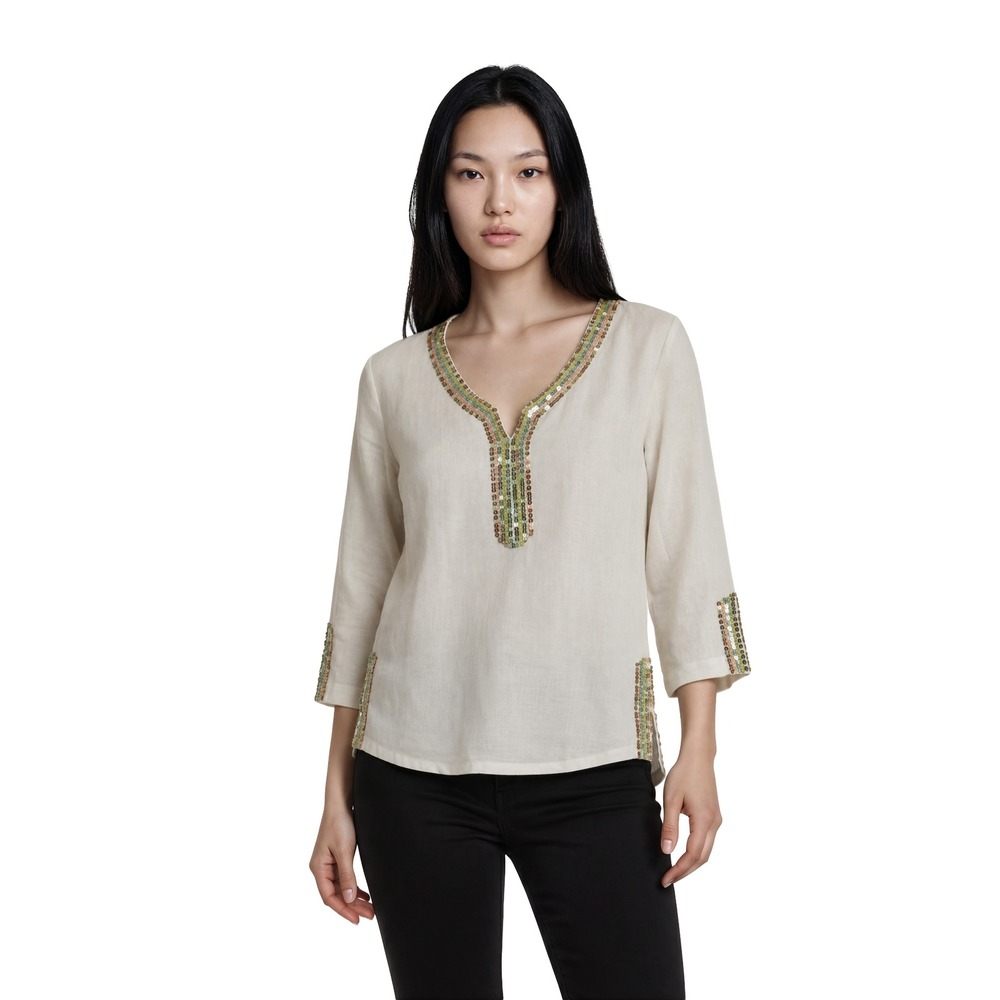 Anne Carson 100% Linen Tunic Top Women's Size Large White Sequin Blouse